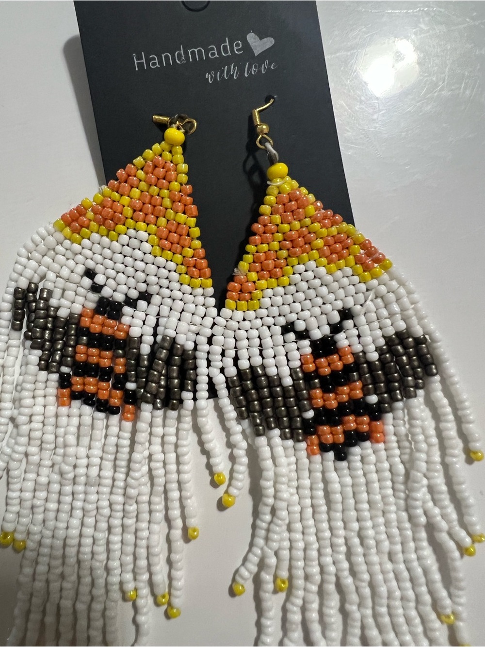 Handmade White Beaded Fringe Earrings with Yellow & Black Bee Accent - Picture 2 of 3